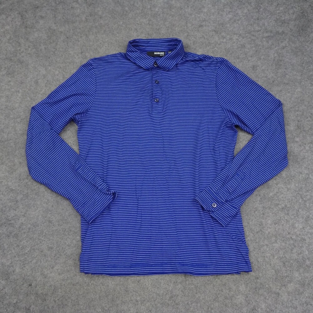 Murano Polo Shirt Mens Medium M Blue Long Sleeve Striped Cotton Slim Fit Stretch